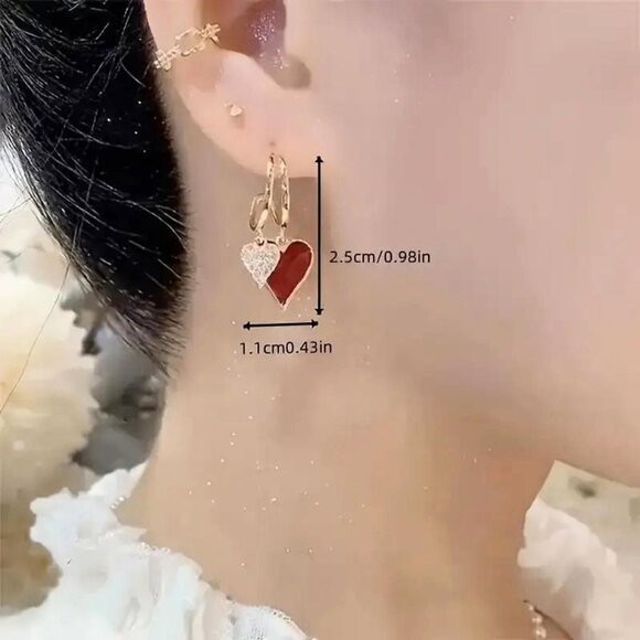 Double Heart Dangle Earrings Faux Crystal Red Silver Gold Tone .98 Inch Drop New - Picture 2 of 11